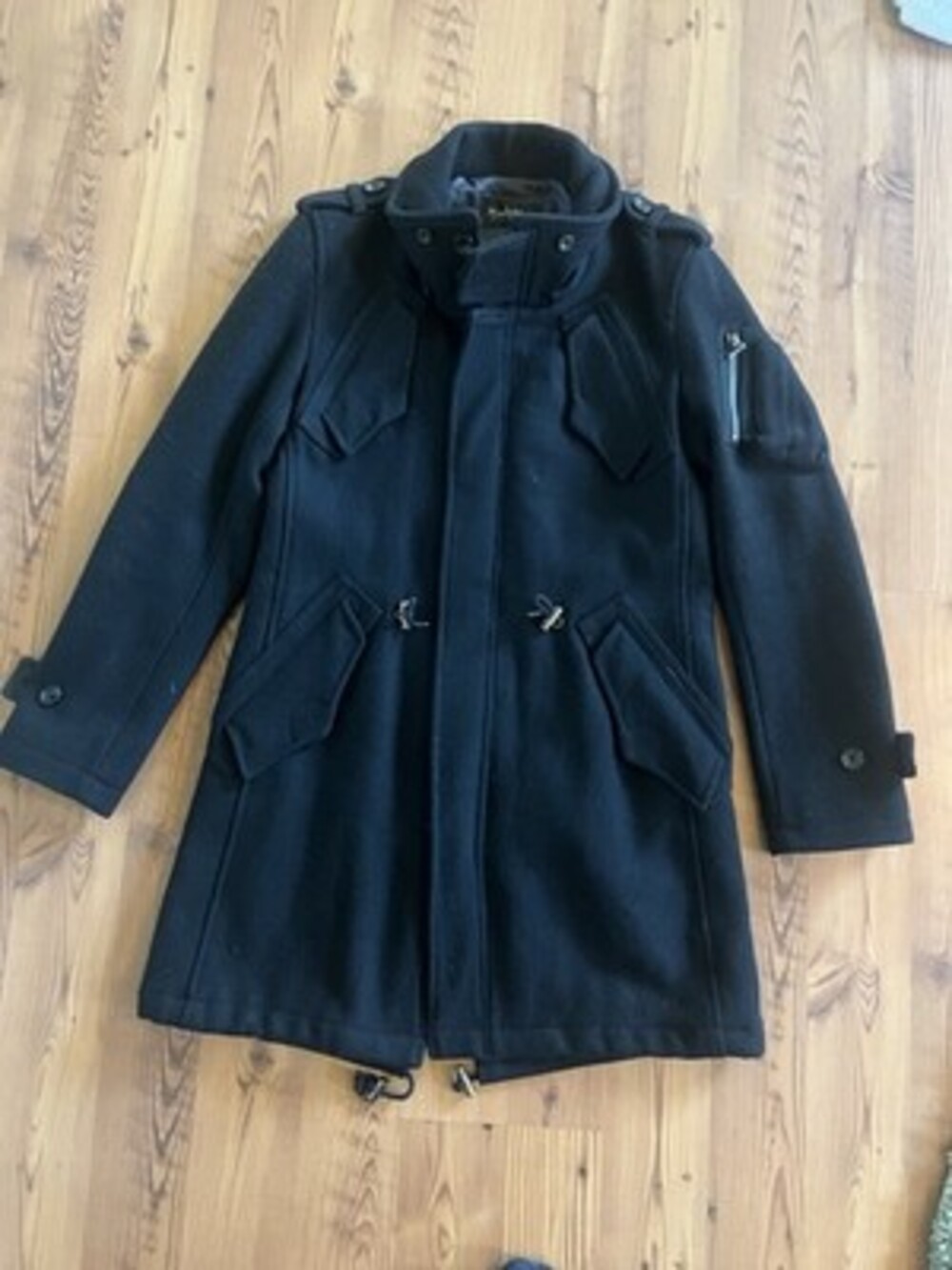 Tornado Mart Black Long Overcoat with Epaulettes and Zipped Pocket for Men